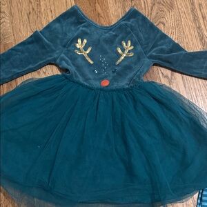 Mini Boden Teal and Gold Reindeer velour top with tulle skirt. Size 6/7